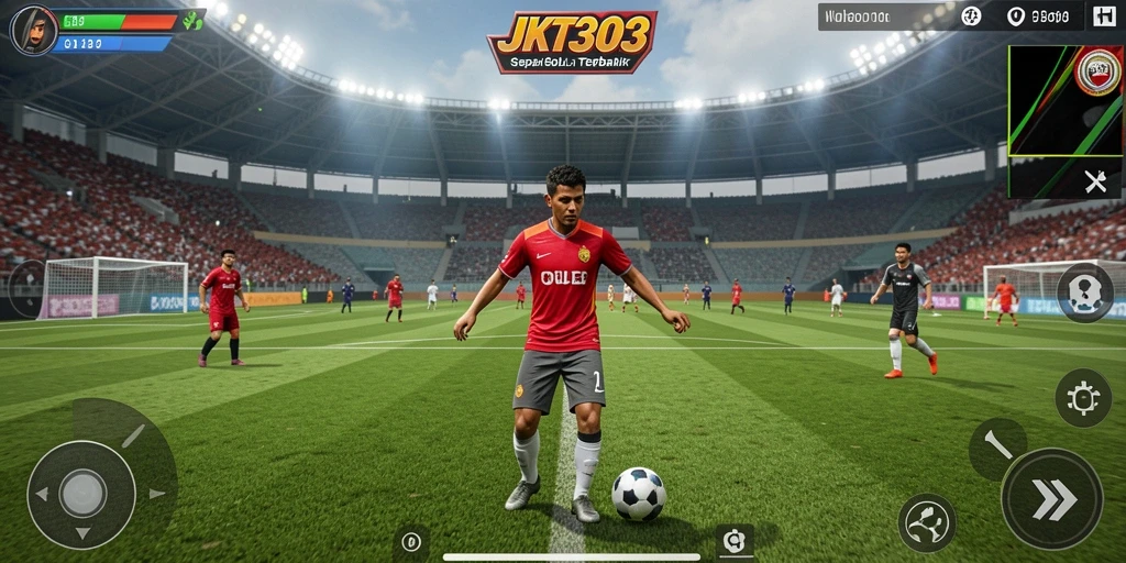 Tangkapan layar utama JKT303 menampilkan aksi gameplay sepak bola yang seru.