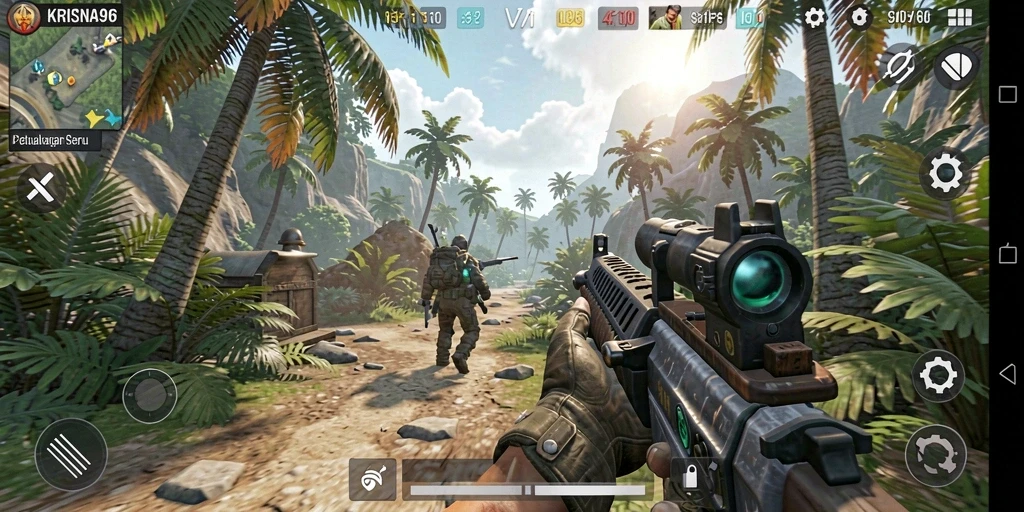 Screenshot gameplay KRISNA96 yang menunjukkan aksi menembak yang seru.
